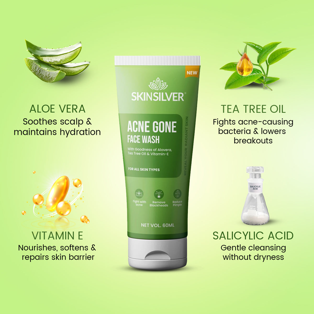 SKINSILVER Acne Gone Face Wash - 60ml For Pimples & Blackheads (Pack of 3)