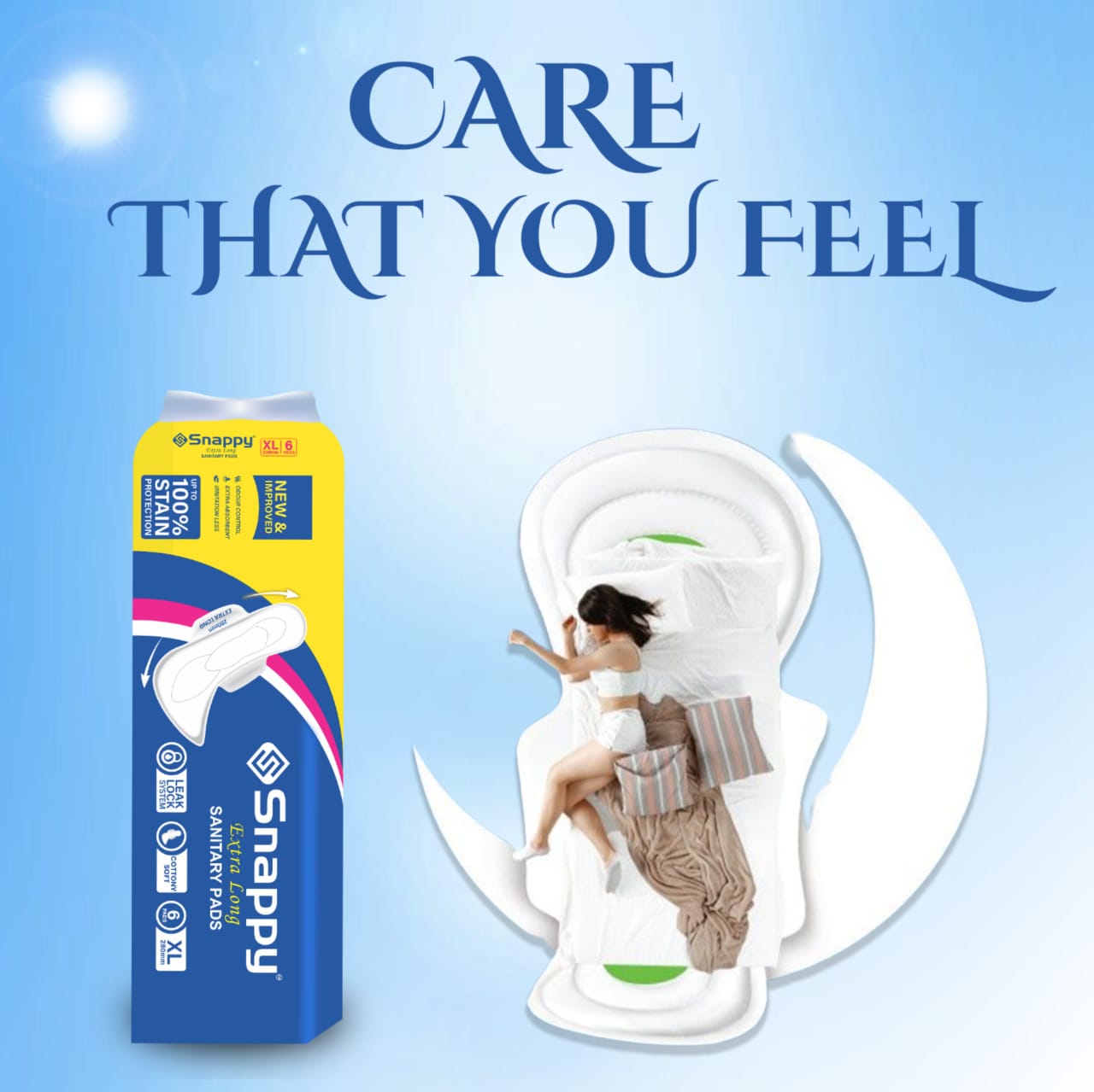 Snappy  Cottony Soft Sanitary Pads - 6 Pads Each , Leak-Lock System (Pack Of 8 ) XL