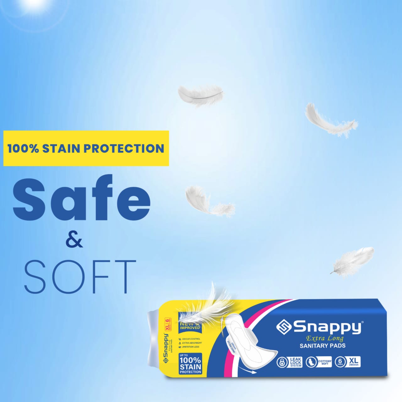 Snappy  Cottony Soft Sanitary Pads - 6 Pads Each , Leak-Lock System (Pack Of 8 ) XL